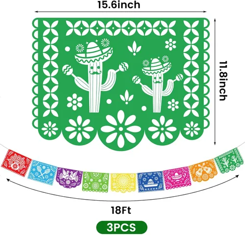 Miniatura 7 de DomeStar Paquete de 3 Pancartas de Fiesta Mexicana, 54 Pies Papel Picado Guirnalda de Banner de Fiesta para Cinco de Mayo Día de los Muertos