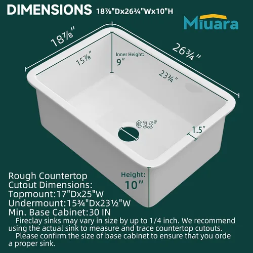 Miniatura 7 de Miuara Fregadero de cocina blanco de montaje inferior de 27 pulgadas – Fregadero de arcilla refractaria de montaje superior de 27 x 19 x 10