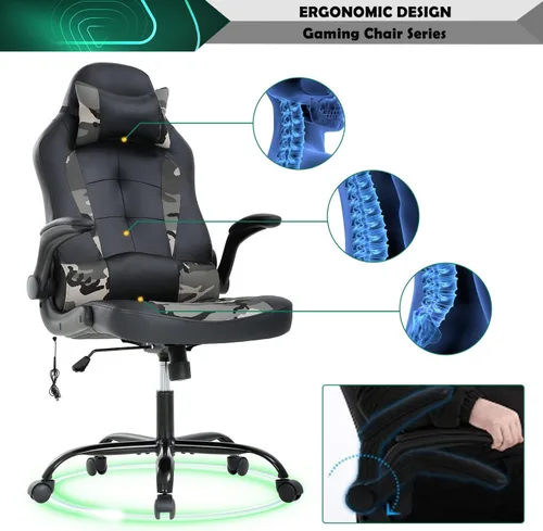 Miniatura 5 de Sillas de computadora para adultos, silla ergonómica de videojuegos con cojín lumbar grueso y brazos abatibles, silla de escritorio de piel