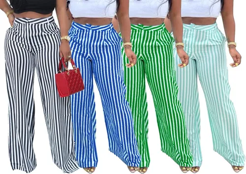 Miniatura 3 de MESLIMA Pantalones de cintura alta con cierre de botón para mujer, estampado a rayas, pantalones sueltos de pierna ancha