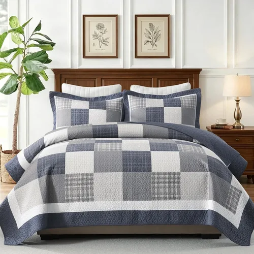 Miniatura 12 de KALOOLA Colcha de granja tamaño King – Juego de ropa de cama acolchada ligera 100% algodón, 3 piezas, colcha a cuadros estampada con 2 fundas