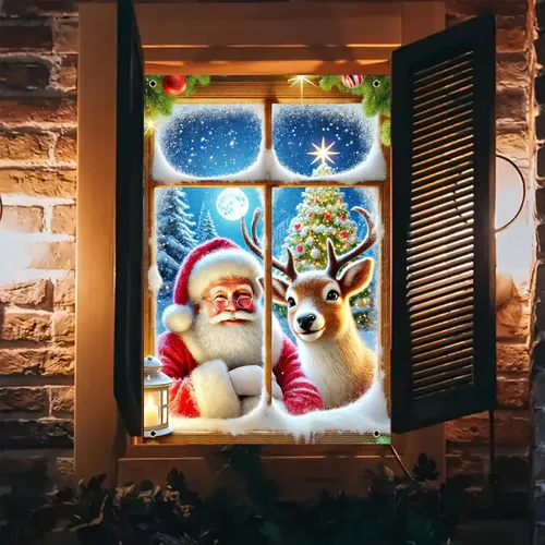 Miniatura 2 de BlissYard Cubierta de ventana de Navidad de 31 x 47 pulgadas, Papá Noel y reno, escena de nieve de invierno, decoración de vacaciones, fondo festivo
