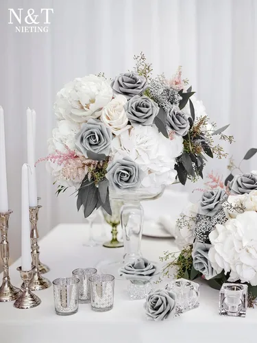 Miniatura 4 de N&T NIETING 25 unidades de flores artificiales, Rosas de espuma artificial de sensación real al tacto, decoración para boda, dama de honor, ramo