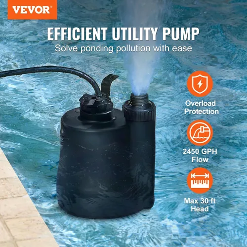 Miniatura 2 de VEVOR Bomba de sumidero sumergible, 1/3 HP, 2450 GPH de alto caudal, cabeza de 30 pies, bomba de agua sumergible, bomba de sumidero termoplástica