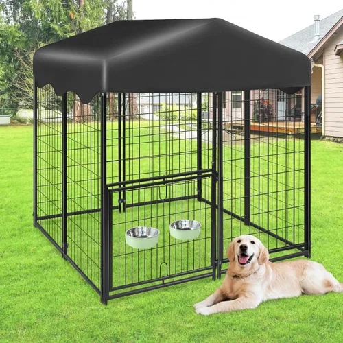 Perrera para Perros al Aire Libre 4x4.2x4.5 pies, Perrera Exterior para Perros con Techo, Perreras Grandes para Perros con Puerta Giratoria y 2