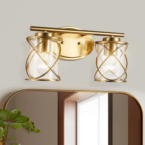 mavcadonf Luces de Tocador de Baño de 2 Luces, Lámparas de Baño sobre el Espejo, Luz de Tocador Dorado Cepillado, Luces de Pared de Estilo Rústico
