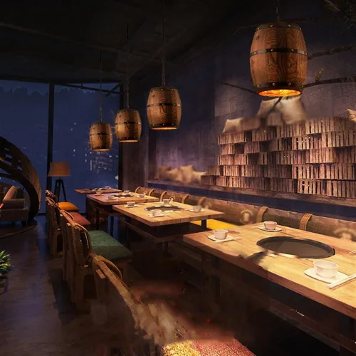 Miniatura 3 de Lámpara colgante de barril de madera antigua para decoración de interiores, lámpara colgante de techo retro industrial ajustable para sala de estar