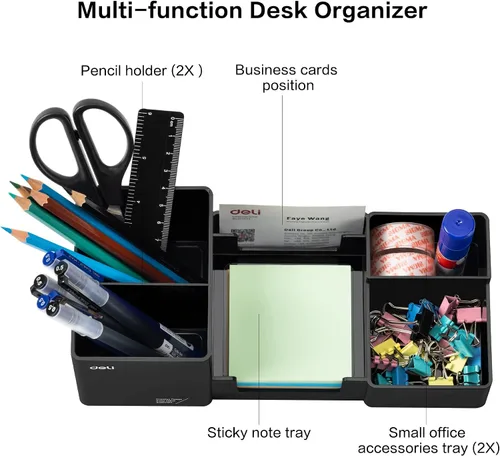 Miniatura 3 de deli Organizador de escritorio, organizador de escritorio de plástico con soporte para lápices y bandeja de notas adhesivas, suministros