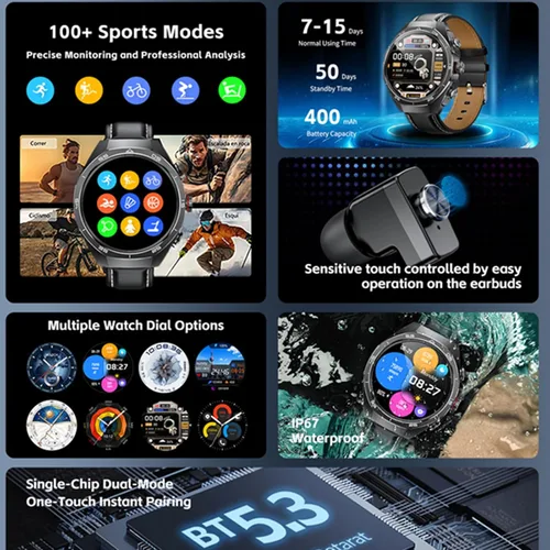 Miniatura 3 de GT97 - Reloj inteligente 2 en 1 con auriculares TWS de 1.53 pulgadas, 128 MB, redondo, impermeable, música, MP3, altavoz, NFC, reloj inteligente