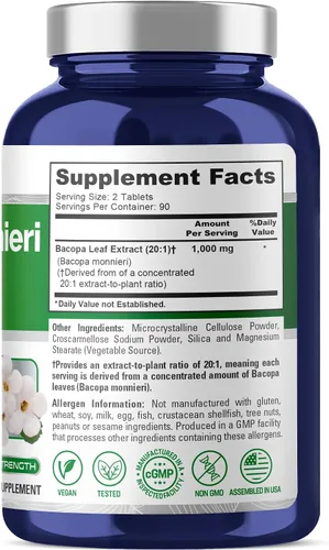 Miniatura 2 de NusaPure Bacopa Leaf Monnieri Capsules, 1000 mg, 180 tabletas (sin OMG, veganas)