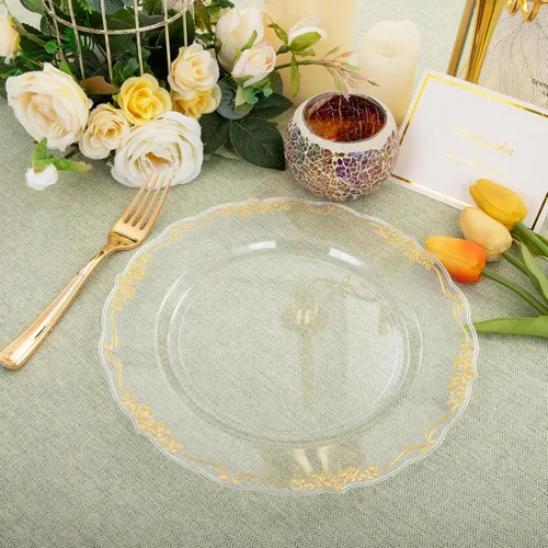 Miniatura 7 de DaYammi 60 piezas de platos de plástico transparente dorado elegantes platos desechables transparentes resistentes premium de 10.25 pulgadas
