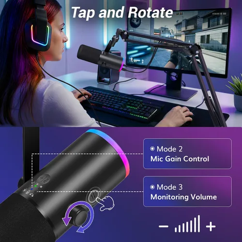Miniatura 5 de TONOR Micrófono dinámico para juegos, transmisión de micrófono XLR/USB, cancelación de ruido AI, RGB controlable, Tap Mute, conector