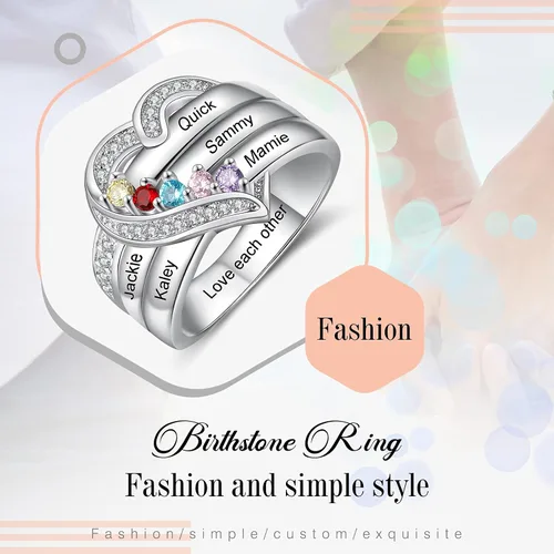 Miniatura 6 de Anillo personalizado con piedra natal de la madre, anillos grabados personalizados para mujeres con 1-6 piedras de nacimiento y nombres, regalo