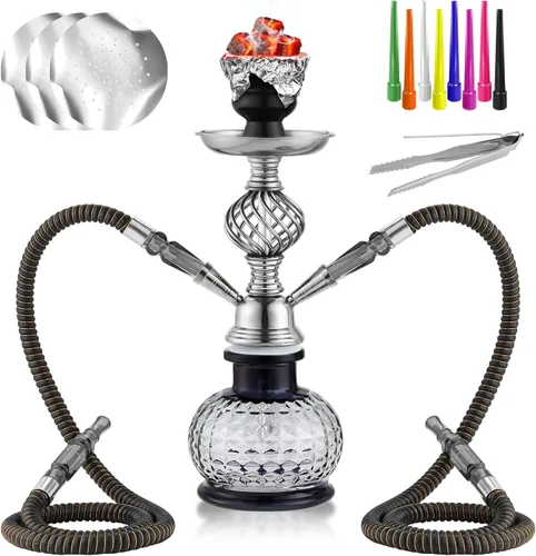 Juego de 2 mangueras de cachimba de 12 pulgadas con todo, jarrón de vidrio para cachimba de shisha moderno, tallado hueco, lámina de narguile,