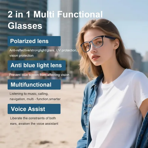 Miniatura 2 de Quaoar Lentes de audio Bluetooth inteligentes con doble altavoz, micrófono de oído abierto, disparo remoto, asistente de voz para mujeres/hombres
