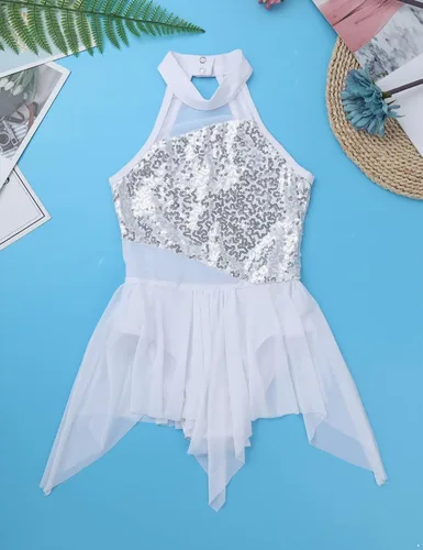 Miniatura 31 de YiZYiF Vestido de baile de lentejuelas para niños y niñas, leotardo de ballet, cuello alto, vestido lírico, traje de rendimiento irregular