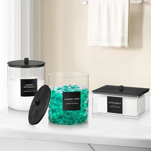 Miniatura 7 de Paquete de 3 tarros de vidrio y soporte acrílico para secadora, contenedor de cápsulas de lavandería con tapa de bambú y tazas medidoras