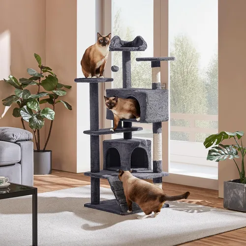 Miniatura 9 de Yaheetech Árbol para gatos de 54 pulgadas, torre para gatos de varios niveles con espaciosa percha de orejas de gatito, 2 cuevas acogedoras, postes