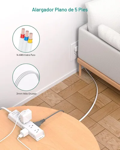 Miniatura 6 de ADDTAM - Tira de alimentación de enchufe plano, cable de extensión plano ultradelgado - ADDTAM 12 enchufes AC de lados 3 múltiples, 5 pies, Blanco