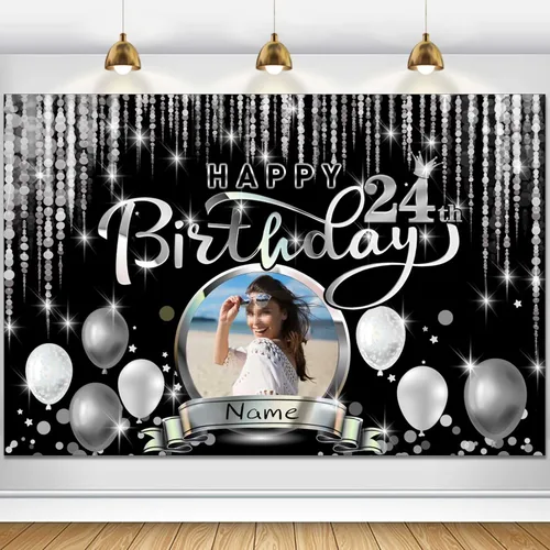 Miniatura 70 de Cartel de decoración de feliz cumpleaños número 100 personalizado - Personalización disponible - Negro y plateado - Tamaño grande - Admite fotos