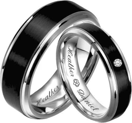 Miniatura 3 de Anillo de pareja de acero inoxidable personalizado con corte biselado negro y plata de dos tonos grabado personalizado gratis - Ships from USA
