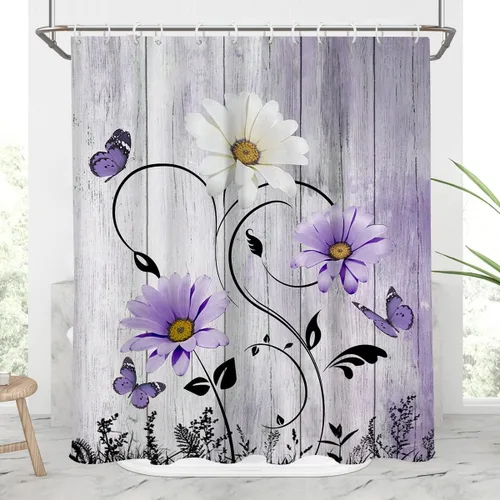 Miniatura 30 de AAtter Cortina de ducha floral azul rústica boho gris blanco amarillo margarita naturaleza negro botánico telón azul verdoso turquesa tela única