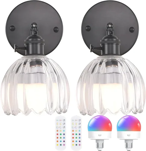 Miniatura 42 de Shenmoyl Aplique de Pared Vintage Operado por Batería con Linda Campana de Vidrio Tulipán Verde, Recargable Inalámbrica, Luz de Pared con Control