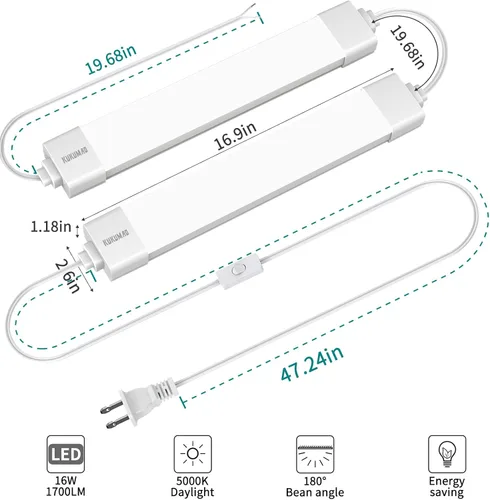 Miniatura 2 de Luces debajo de la encimera para cocina, tubo de luz LED impermeable y enlazable, luces de armario de 17 pulgadas, 16 W, 1700 lúmenes, luz de techo