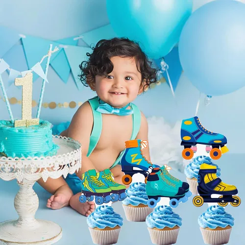 Miniatura 8 de 48 piezas de decoración para cupcakes de patinaje sobre ruedas, decoraciones de fiesta de cumpleaños para niños, temática de patinaje azul