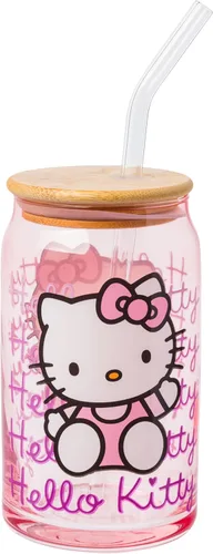 Silver Buffalo Sanrio - Vaso de vidrio rosa con tapa de bambú y sorbete de vidrio de Hello Kitty, 16 onzas Hello Kitty Agitando