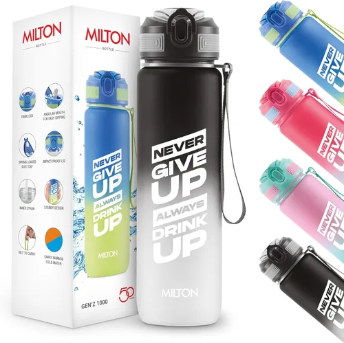 MILTON Gen'Z - Botella de agua con popote de 34 onzas, botella motivacional de plástico con tapa abatible a prueba de fugas y marcas de capacidad,
