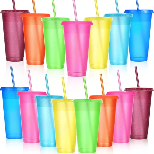 Miniatura 19 de Honeydak Paquete de 60 vasos con popote y tapa, vasos a granel para regalos, tazas de café de plástico con purpurina de 24 a 27 onzas, botella