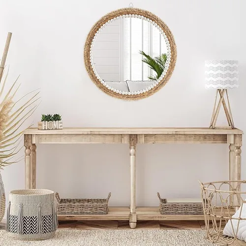 Miniatura 5 de Espejo decorativo de estilo bohemio de 22 pulgadas, espejo redondo de ratán para colgar en la pared, espejo redondo tejido de ratán natural