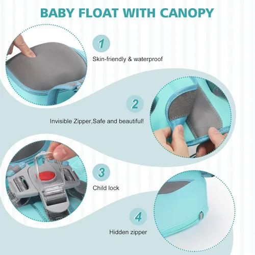 Miniatura 4 de Mambobaby Flotador de piscina para bebé con toldo extraíble – Flotador de natación infantil no inflable con diseño de cola antideslizante, Rosa