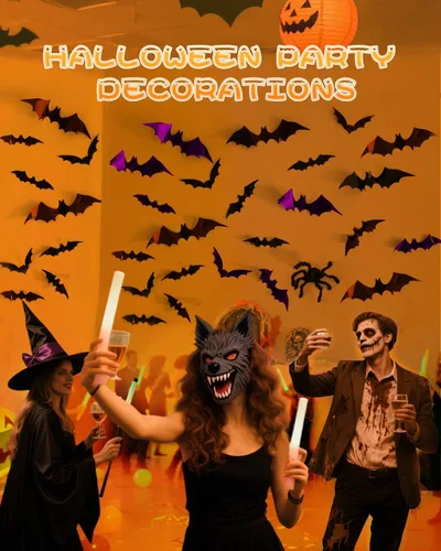 Miniatura 7 de 72 piezas de decoración de murciélagos de Halloween para interiores y exteriores, suministros de fiesta de Halloween, calcomanías de murciélago 3D 3