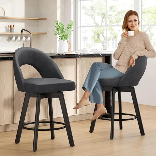 Miniatura 6 de YaFiti Taburetes de bar de altura de mostrador de 24 pulgadas, taburetes de bar giratorios ergonómicos con respaldo curvado con asiento de piel