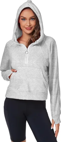 Miniatura 6 de FKEEP Womens Half Zip Hoodies Quarter Zipper Up Cropped Sweatshirt Long Sleeve Athletic Pullover Tops with Thumb Hole