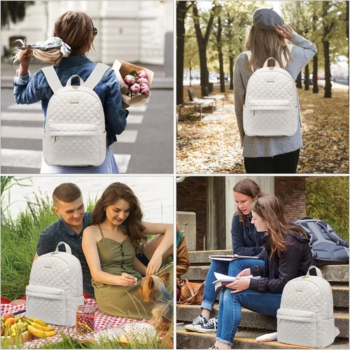 Miniatura 6 de LOVEVOOK Mochila pequeña acolchada para mujer, mochila de cuero, impermeable, para viajes de trabajo, Beige, Compacto