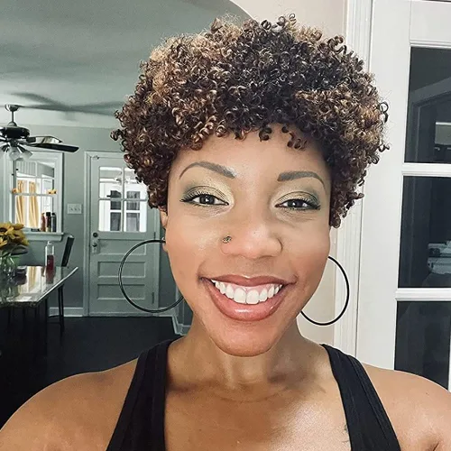 Miniatura 11 de Ms Taj - Pelucas de pelo humano afro corto para mujeres de raza negra, pelucas de pelo virgen brasileño con densidad del 150 % sin procesar, peluca