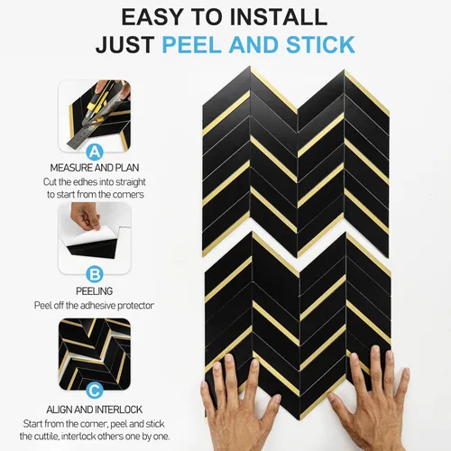 Miniatura 5 de 10 hojas de azulejos de espiga para despegar y pegar, mármol negro mezclado con metal dorado, PVC autoadhesivo para salpicaderos de cocina y baño