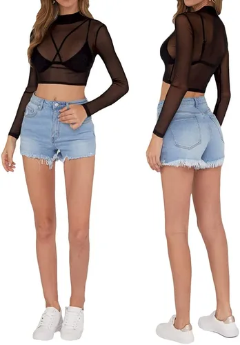 Miniatura 5 de MANGOPOP Women's Short Sleeve Long Sleeve Sheer Mesh Crop Tops Tee Shirt Blouse