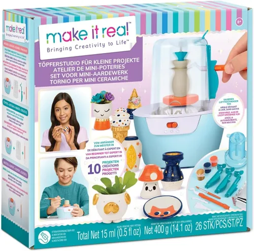 Make It Real Mini Estudio de Cerámica - Kit de Cerámica DIY de 26 Piezas con Arcilla de Secado al Aire Sin Desorden - Crea 10 Proyectos en