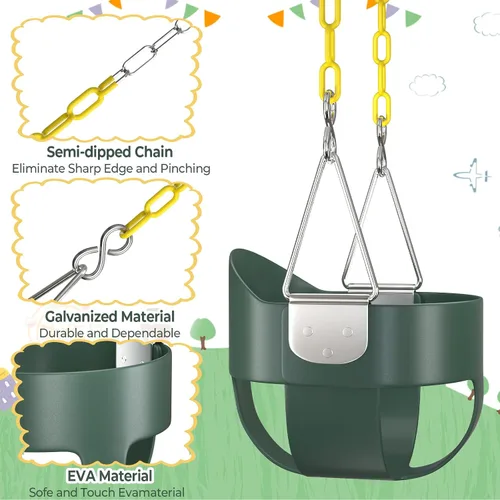 Miniatura 3 de AGPTEK Asiento de columpio de respaldo alto para niños pequeños, columpio infantil con cadenas de columpio y mosquetones recubiertos amarillos, Verde