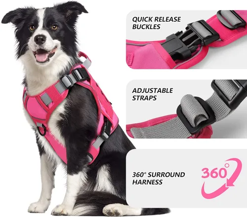 Miniatura 2 de WINGOIN Arnés táctico para perros extragrandes, arnés resistente sin tirones con asa, ajustable, reflectante, militar, K9, chaleco para perros Rosa