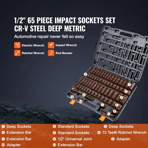 Miniatura 3 de Vevor - Juego de 1/2 pulgada de llaves de impacto de 65 piezas SAE 3/8" a 1-1/4" y métrico 10-24mm, de 6 puntas, acero de aleación Cr-V