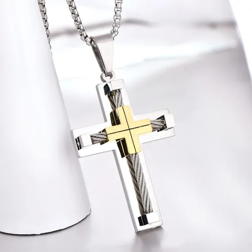 Miniatura 4 de YL Collar de cruz para hombre de acero inoxidable 316L con colgante grande de Jesucristo, color blancodoradonegro, cadena Rolo para 20, 22, 24, 26