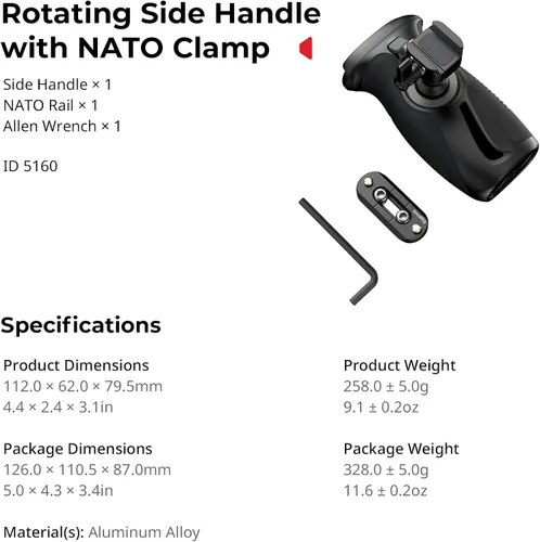 Miniatura 7 de SMALLRIG Mango lateral giratorio con botón de presión y abrazadera NATO, para mano izquierda y derecha, mango lateral giratorio 360° con silicona