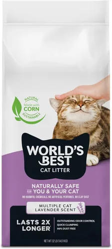 WORLD'S BEST CAT LITTER Múltiples gatos perfumados con aroma a lavanda, 32 libras, ingredientes naturales, aglutinación rápida, lavable, 99% libre