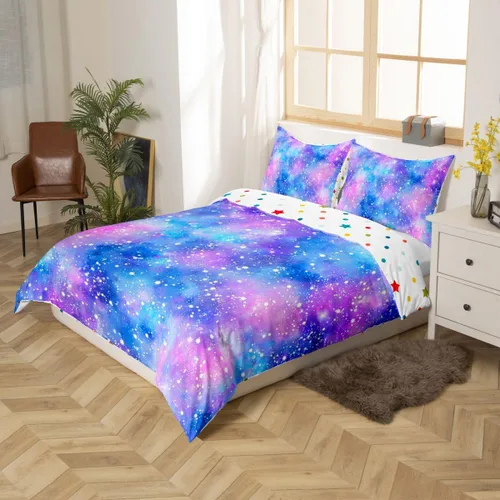 Miniatura 4 de Juego de funda de edredón con estrellas con purpurina y galaxia psicodélica, color azul marino y morado, tamaño individual, juego de ropa de cama