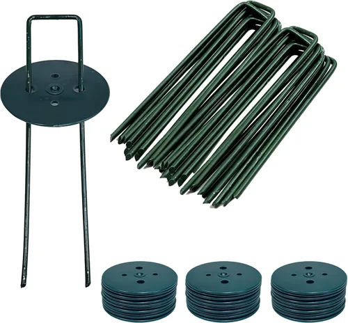 Paquete de 50 grapas de paisaje de 6 pulgadas con tapas de arandela de junta, estacas de metal para jardín, estacas de tela para jardinería,